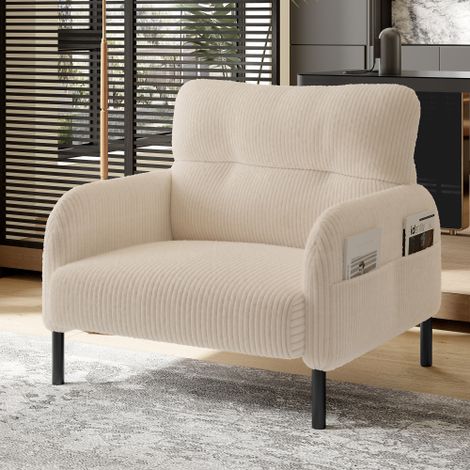 Fauteuil, 75x67x79 cm, tissu velours côtelé, beige, avec poches latérales, convient pour le salon et la chambre, repose-pieds non inclus (1/5)