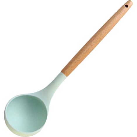 Cuillère de cuisine en silicone avec manche en bois vert d'eau (1/5)