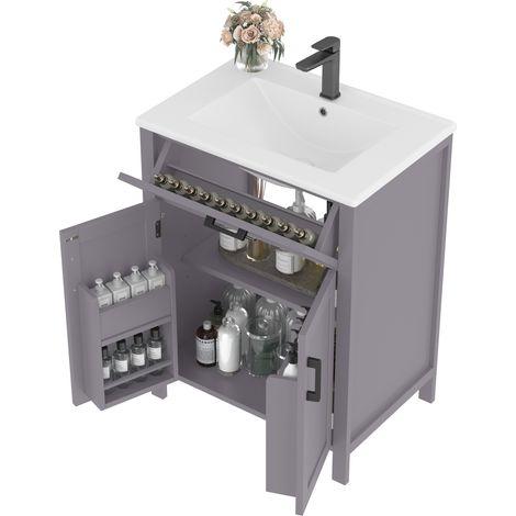 CHICFURN Mueble de lavabo de pie 60 x 46 x 84,8 cm, MDF y cerámica gris, con almacenamiento (1/5)