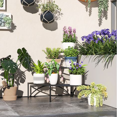 Estantería para plantas en esquina (87x60x60 cm), diseño de tres niveles, metal, negro (1/5)