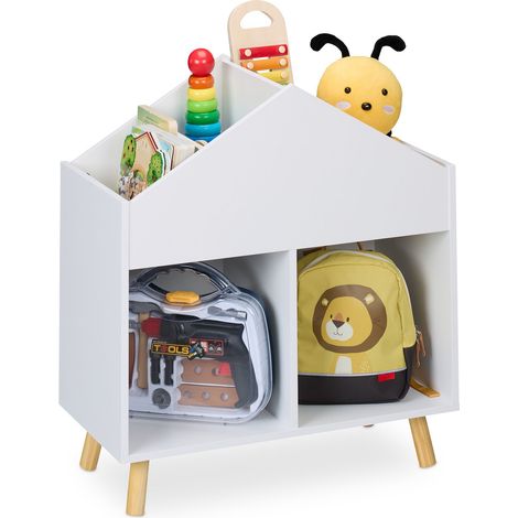 Relaxdays Children's Shelf, House Shape, HxWxD: 67 x 60 x 30 cm, 6 Compartments, Kids Toy Storage Unit, White/Natural