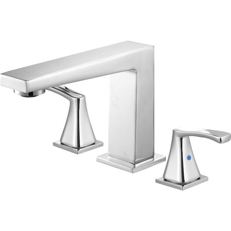 Mitigeur de Baignoire Romaine, Robinet de Baignoire 3 Trous avec 2 Poignées, Ensemble de Robinetterie de Bain à Montage sur Pont, Bec à Angle Droit, pour Salle de Bains Maison, Argenté (1/5)