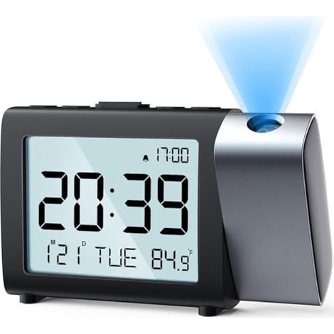 Réveil projecteur pour chambre : écran LCD numérique rétroéclairé, snooze 9 min, 2 volumes, température, date, mode 12/24H et week-end, horloge de chevet USB pour seniors, enfants et adultes (1/5)