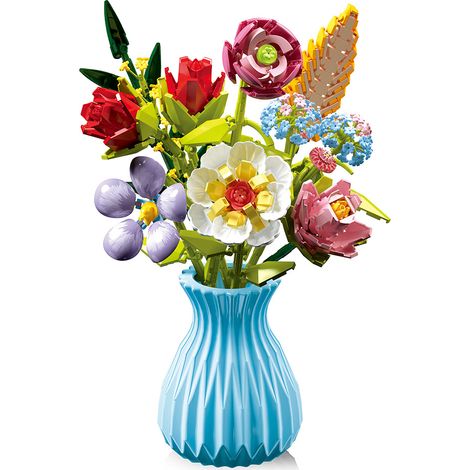 Bouquet de Fleur Plantes Construction, 8 Set de Fleurs Artificielles à Construire, 691 PCS Fleur Botanical Collection, Valentins Cadeau d'anniversaire pour Cadeau pour Amateurs de Plantes (Vase Bleu)
