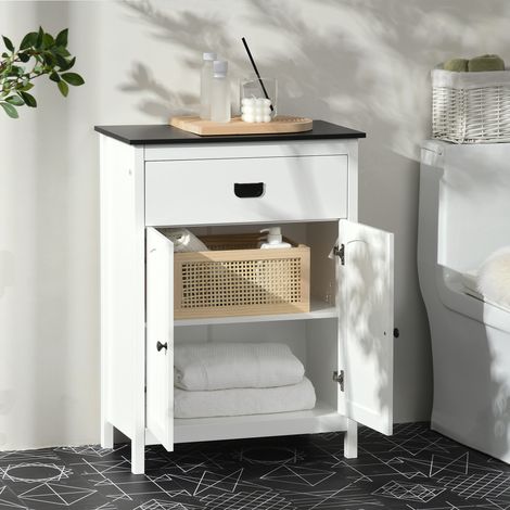 Mobiletto da bagno moderno Kleankin con 1 cassetto, 2 ante e ripiano per lavabo e doccia, 60x30x80 cm, bianco. (1/5)