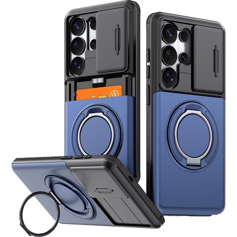 Coque pour Samsung Galaxy S26 Ultra avec Porte Carte Coulissant, Cache Caméra Coulissant, Support Rotatif à 360°, Protection Antichoc Militaire, Anti-Rayures Étui Wallet Case-Bleu (1/5)