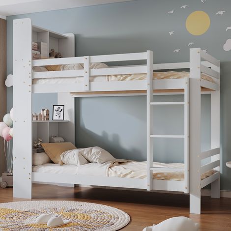 Letto a castello per bambini 90x200cm in legno, ripiano portaoggetti, rete a doghe, protezione anticaduta, senza materasso, bianco