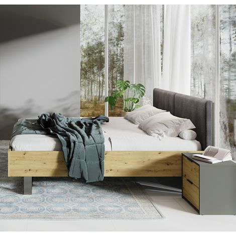 Bettgestell 180x200 cm mit 2 Nachttischen modern in Eiche mit gepolstertem Kopfteil RAGUSA-166 (1/5)
