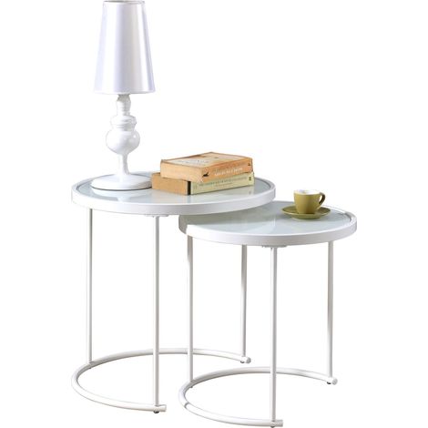 Idimex – Lot de 2 tables d'appoint gigognes rondes – Plateau en verre trempé blanc – Cadre en métal laqué blanc – Dimensions 50x50cm et 42x42cm