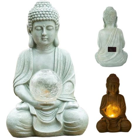 Statue lumineuse de Bouddha à énergie solaire, décoration artisanale en résine, sculpture zen pour jardin extérieur et cour