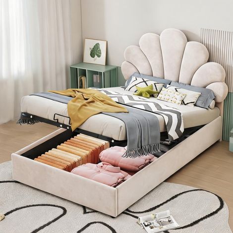 Cadre de lit beige en upholstered 203 x 94 x 115 cm (1/5)