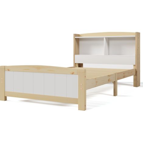 Cama individual 90 x 200 cm con cabecero de almacenaje, madera blanca y natural, HOMVRA (1/5)