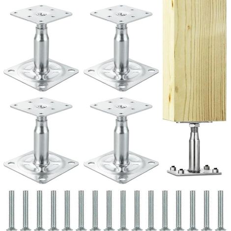 Supports de Poteau Galvanisés de 100 à 150 mm, Lot de 4 Supports de Poteau Réglables en Hauteur avec 16 Vis, Embase Pied de Poteaus Carrée Réglable pour Clôtures, Abris, Pergolas (1/5)