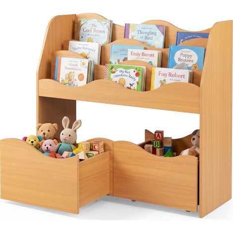 Bibliothèque Enfant Montessori, Meuble de Rangement Jouets Livres en Bois avec 3 Étagères, 2 Tiroirs Mobiles à Roulettes, 82 x 30 x 76 cm, Naturel (1/5)