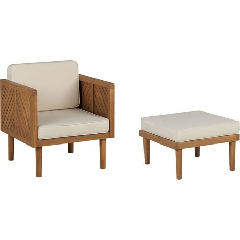 Silla de jardín de madera de acacia clara beige claro con otomana cojines reposabrazos Baratti (1/5)