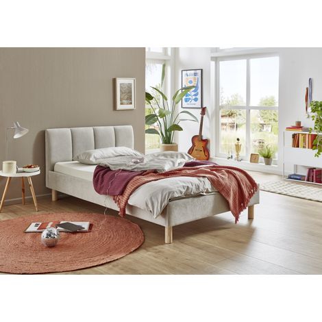 Meise Möbel Polsterbett Joker 120x200 cm Bettgestell Kopfteil mit tiefem Einzug Strukturstoff Beige Holzfuß eichefarbig (1/5)