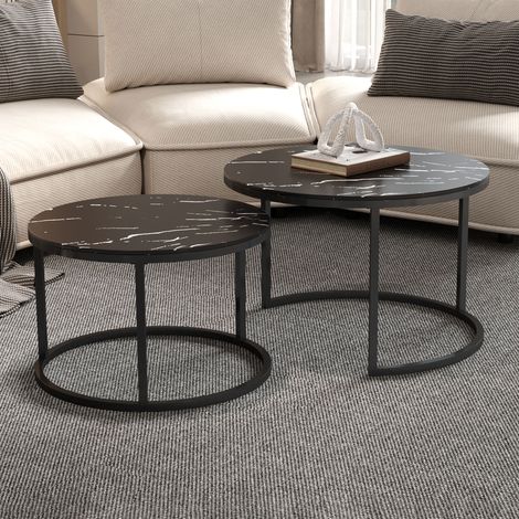 Lot de 2 tables gigognes 80 et 60 cm en verre effet marbre noir