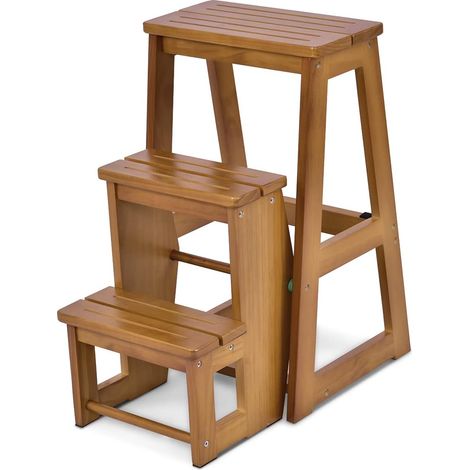 COSTWAY Escalera Silla de Madera Plegable Multifunción Escalera Banqueta Taburete Estantería Escalón para Baño Hogar Decoración (Marrón claro)