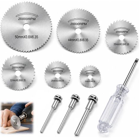 10 Pièces Disques de Coupe, Disques HSS Outil Rotatif, 6 Mini Lames Scie Circulaire 22/25/32/35/44/50 mm 3 Mandrins et 1 Tournevis, Kit Découpe Bois PVC Plastique Aluminium Cuivre (1/5)