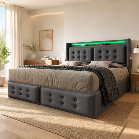 CHICFURN Letto matrimoniale 140x200 cm in legno, metallo e cotone grigio con LED, USB-C, 4 cassetti (1/5)