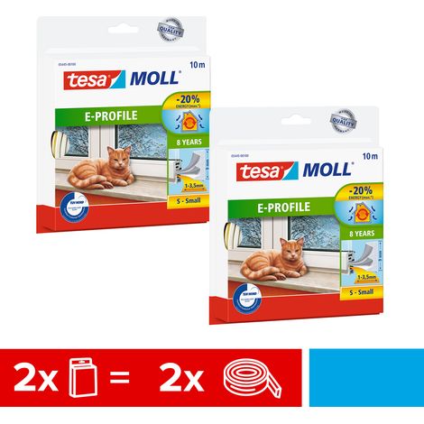 tesamoll E-Profil Gummidichtung im 2er Pack - Selbstklebende Dichtung zum Isolieren von Spalten an Fenstern und Türen - Weiß - 2x 10 m x 9 mm x 4 mm (1/4)