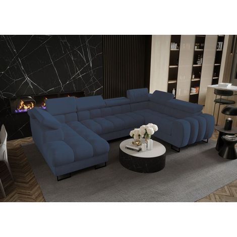 Wohnlandschaft Schlafsofa BASTIEN in Stoff Terra Blau Ottomane Links