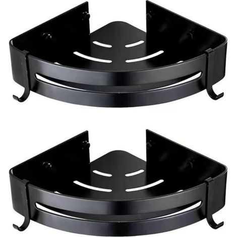 Étagère d’angle de douche sans perçage, panier mural double niveau en métal noir (1/5)