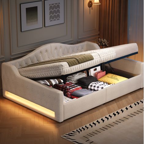 Tagesbett gepolstert modern Beige 140x200 cm mit Kopfteil, seitlichen LEDs und Stauraum unter dem Bett (1/5)