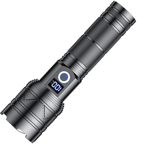 Lampe torche LED longue portée, puissante lampe de camping rechargeable par USB avec zoom et indicateur de batterie. (1/5)