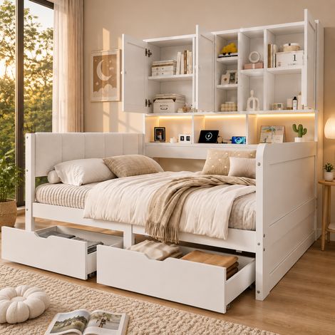 Letto per bambini 90x200 con contenitori, LED, USB e cassetti, bianco HAVRYA (1/5)