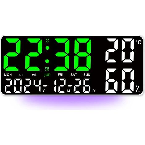 Große digitale Wanduhr mit 7 Lichtfarben, Rauchanzeige, 2 Alarmen, Temperaturanzeige, Datumsanzeige, LED-Tischuhr und Countdown-Alarm (1/5)