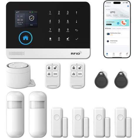 Alarme Maison sans Fil, Systeme Alarme 12 Pièces: avec PIR, capteur de fenêtre de Porte, télécommande pour Appartement, Garage, Bureau, Compatible avec et (Wi-FI 2,4GHz) (1/5)