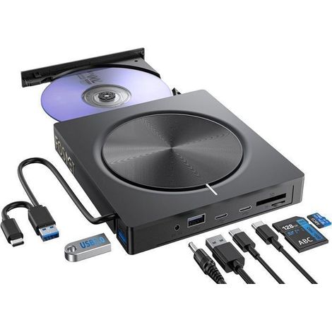 Externer CD/DVD-Brenner mit USB 3.0- und USB-C-Anschluss, 2 x USB-A-, 2 x USB-C- und SD/TF-Kartensteckplatz sowie optischem CD-Laufwerk. (1/5)