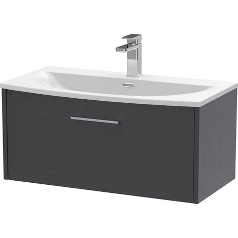 Winshill Contemporary 1 Drawer Wall Hung Vanity Unit with Curved Basin, Woodgrain Dark Grey, 800mm (1/4)