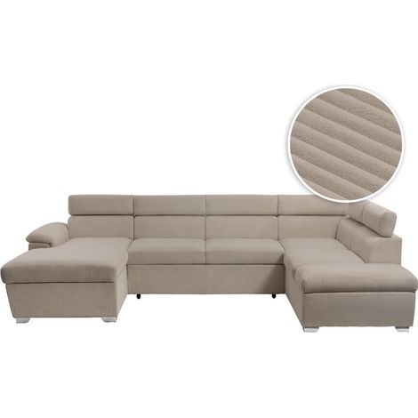 Canapé panoramique PAOLA 6 places convertible avec 2 coffres en velours côtelé taupe (1/5)