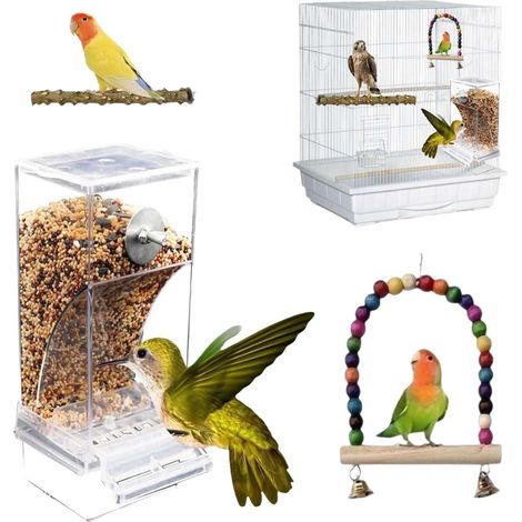Distributeur de nourriture automatique pour oiseaux, mangeoire anti-gaspillage transparente pour cage, accessoire d'alimentation pour perruches et perroquets (1/4)