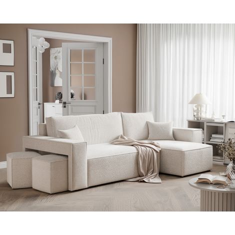 Canapé d'angle Réversible avec Repose-pieds PARIS - 4 places - Canape Convertible avec Coffre - Tissu Agréable au Toucher - Crème (1/5)