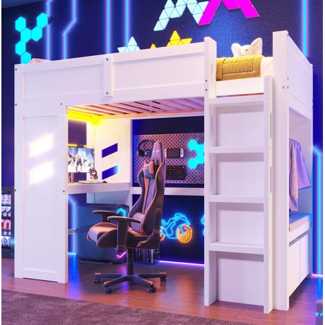 Cama alta juvenil con escritorio LED y cajones OKMYHOME (1/5)