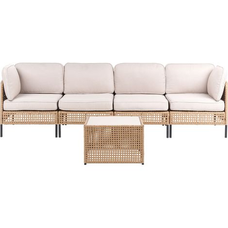Divano da esterno con tavolino in rattan PE 4 posti con struttura in metallo cuscini per seduta e schienale piano in vetro beige chiaro OMEGANA