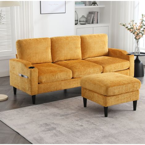 Divano 4 posti in chenille giallo 196,5 cm con pouf contenitore, portabicchieri e tasche laterali (1/5)