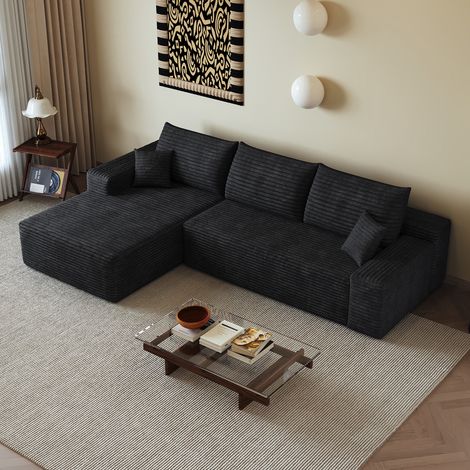 Canapé d'angle en L 270cm,canapé modulaire en velours côtelé, avec chaiselongue,canapé 3 place compression,assise profonde,noir