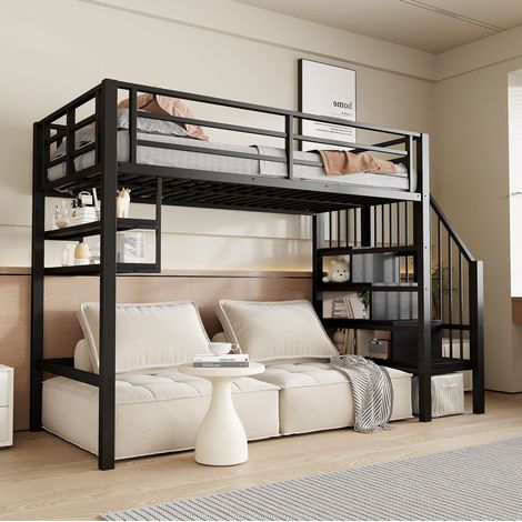 Lit mezzanine 90x200 avec rangements, métal noir HAVRYA (1/5)