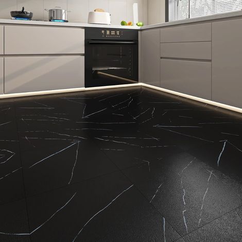 Dalle PVC Adhesive Sol Effet Carrelage Imitation Marbre Noir 30cmx30cm Revetement De Sol Noir pour Salle De Bain Lino Marbre Dalles Adhesives Sols Chambre Restaurant Decoratif 3 Pièces (1/5)