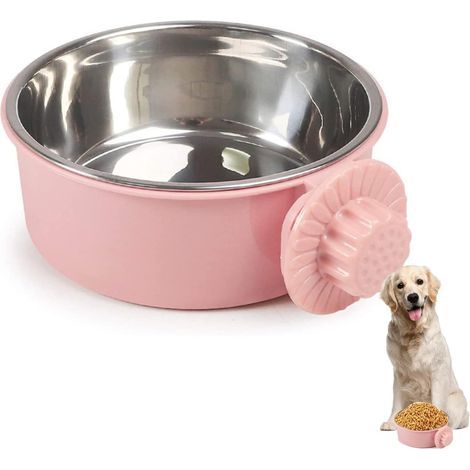 1 abnehmbarer, hängender Edelstahlnapf, 12 cm Durchmesser, rosa, für Futter und Wasser, für Hunde, Katzen und Kleintiere (1/5)