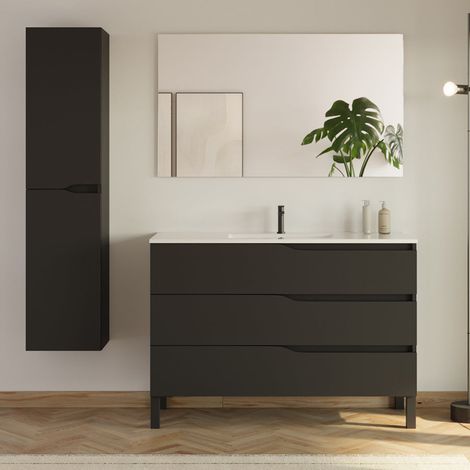 Meuble de salle de bain 120cm avec simple vasque - 3 tiroirs et colonne de rangement - noir mat - MATA