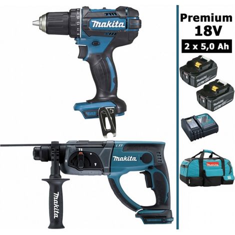 Makita – Pack d'outils électroportatifs 18V – Perceuse 62Nm DDF482 + Perfo-burineur 2J DHR202 – 2 batteries 5Ah + sac de transport (1/7)