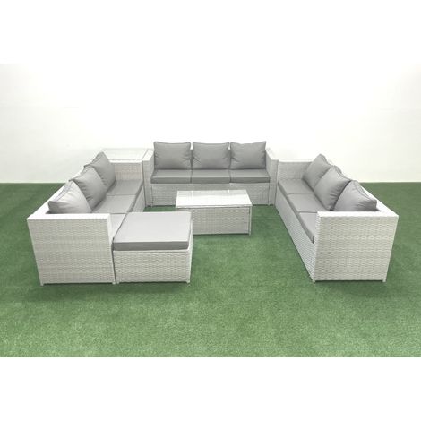 Fimous Ensemble de meubles de jardin en rotin 10 places avec Canapé de jardin Table basse Grand tabouret Table d'appoint Gris clair mixte (1/5)