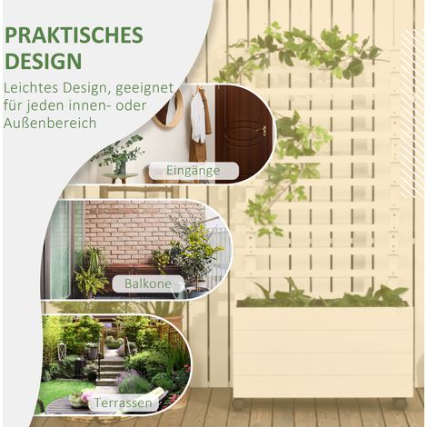 Jardinière sur roulettes avec treillis en bois naturel, peinture anti-UV et intempéries, blanche, 76 x 30 x 155 cm (1/4)