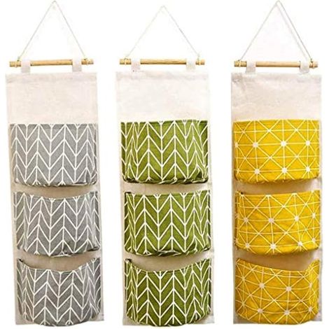 3 Pochettes murales suspendues, 60 x 20 cm, 3 couches empilables - Organisateur en lin imperméable à grandes poches pour chambre, salle de bain, cuisine, bureau, dressing, penderie (1/5)