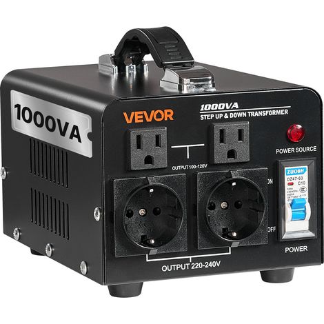 VEVOR Trasformatore di Tensione Elevatore Riduttore da 220 V a 110 V e da 110 V a 220 V, 1000 VA, con Spine USA e UE, Cavo di Alimentazione, Protezione Interruttore 10A